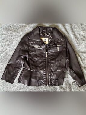 Sugarfly Girls 3T Brown Faux Leather Moto Jacket Leopard Lining Zipper Details